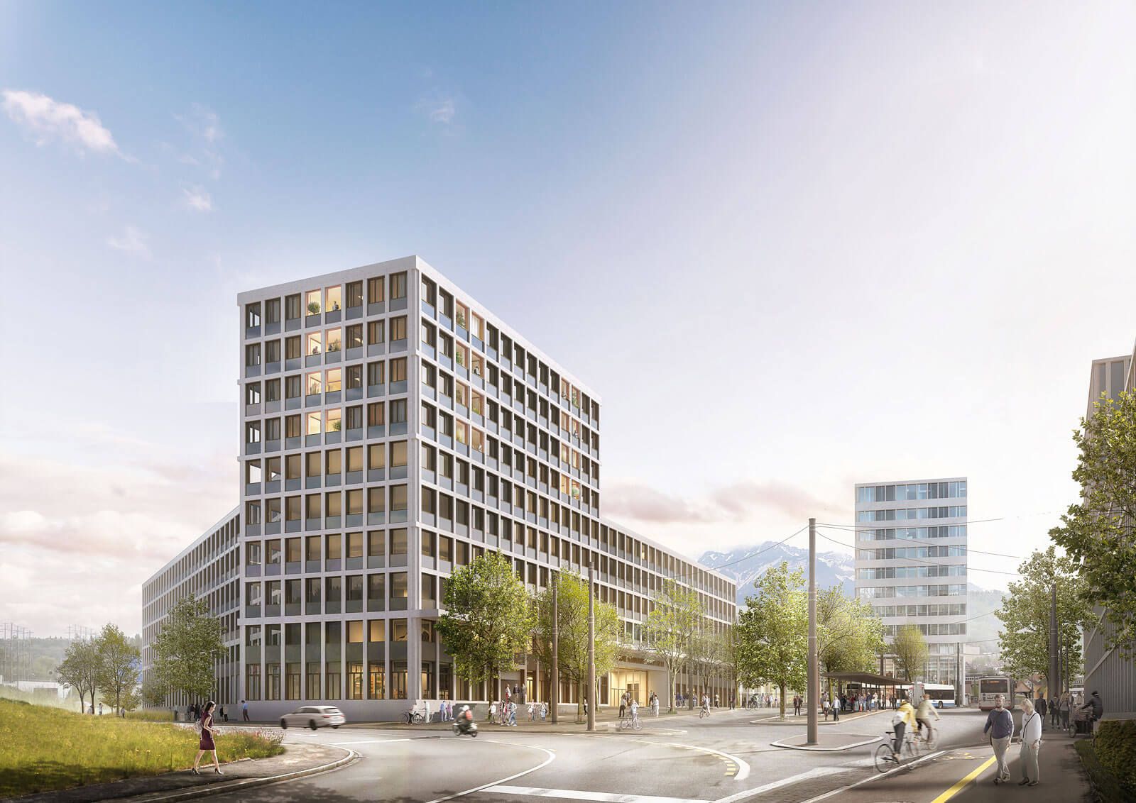 Visualisierung des Verwaltungsneubaus der Kantonalen Verwaltung am Seetalplatz in Emmenbrücke