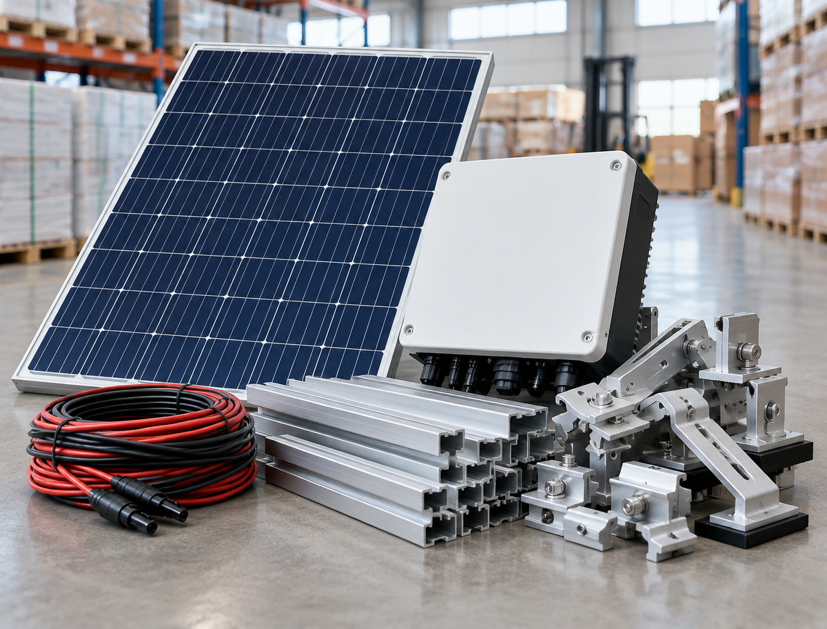 PV-Modul, Wechselrichter und Unterkonstruktion im Lager